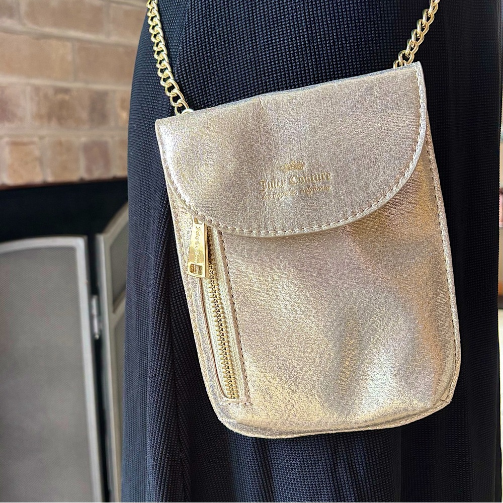 Juicy Couture Y2K Champagne Gold Lamé Crossbody Mini Bag Chain Strap Purse